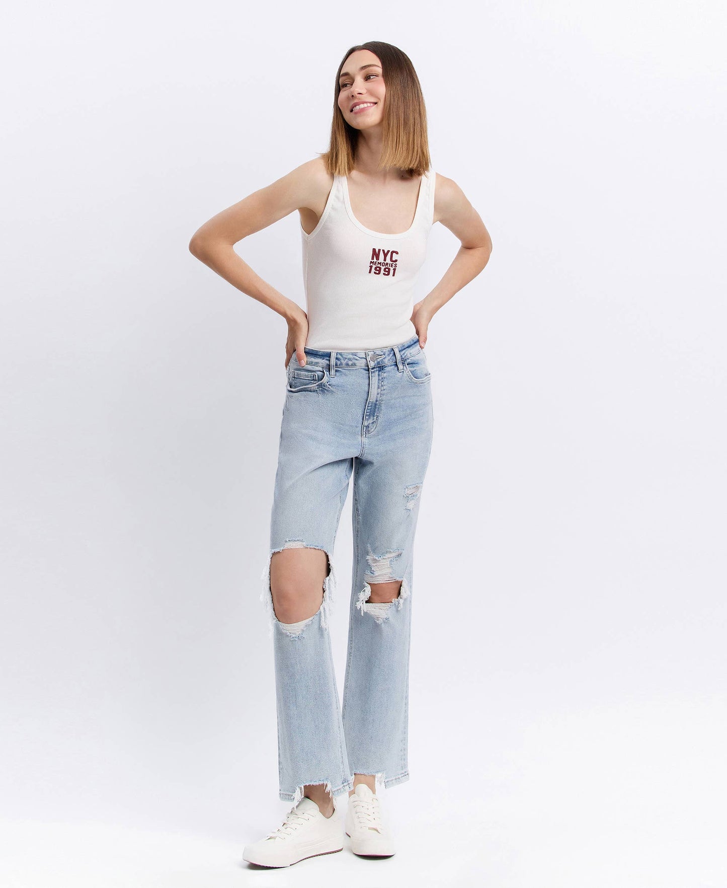 90s Icon Super High Rise Distressed Straight Leg Jeans – Comfort Stretch Ankle Denim Vervet T5933