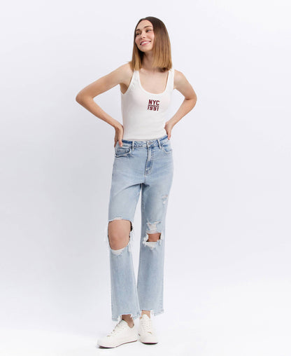 90s Icon Super High Rise Distressed Straight Leg Jeans – Comfort Stretch Ankle Denim Vervet T5933