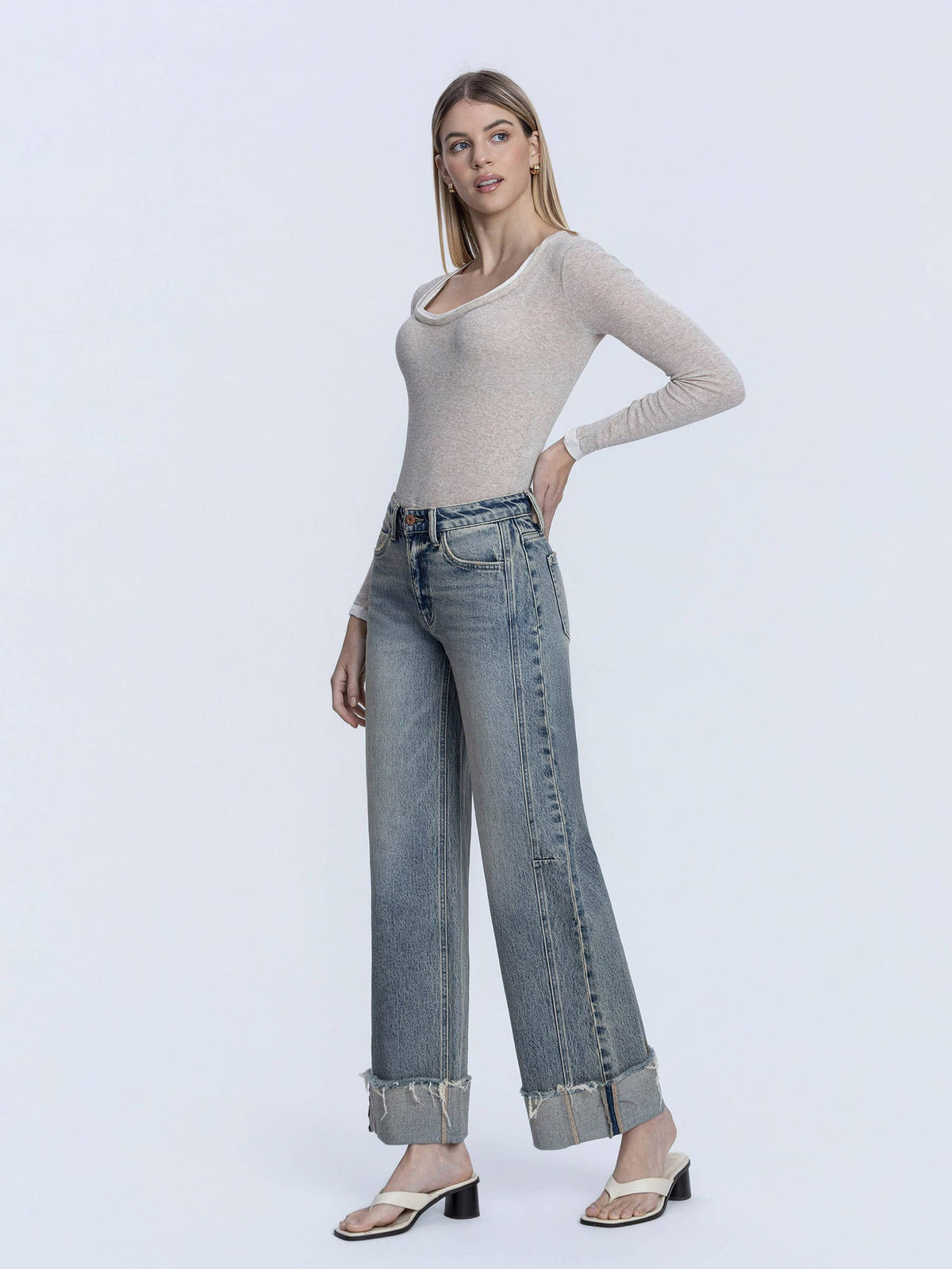 Vervet Tinted Cuff Wide Leg Jeans | High Rise Full Length Denim T7326