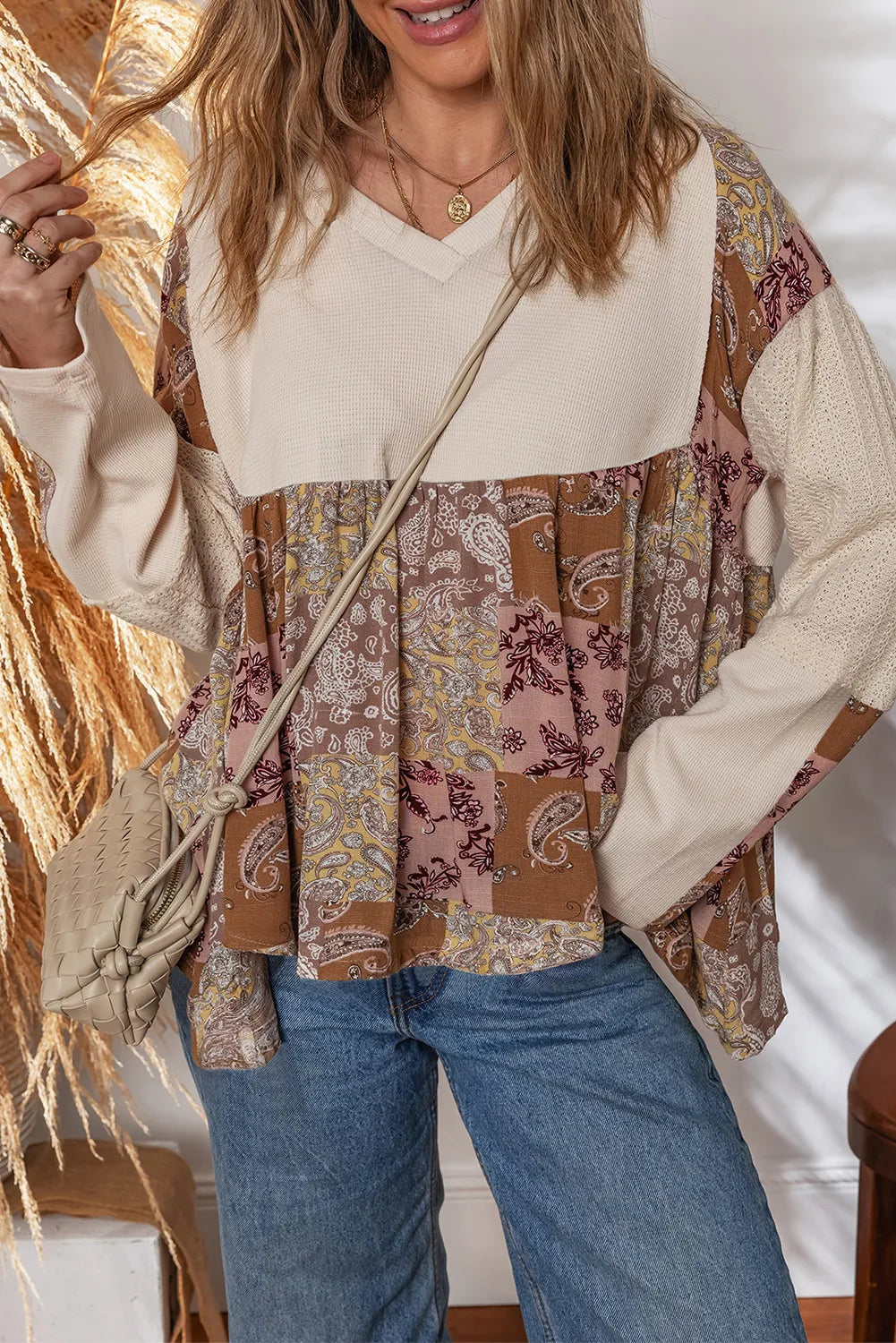 ~PREORDER~ Boho Patchwork Paisley Waffle Knit Babydoll Top ~PREORDER~