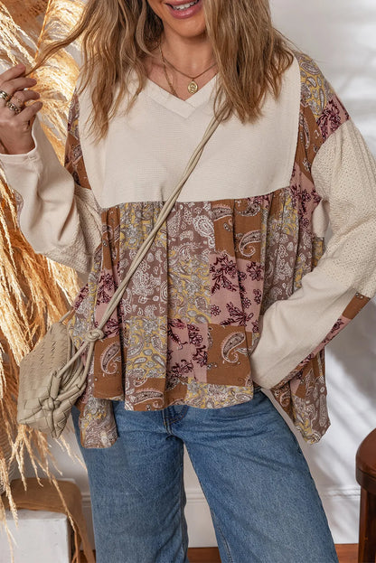 ~PREORDER~ Boho Patchwork Paisley Waffle Knit Babydoll Top ~PREORDER~