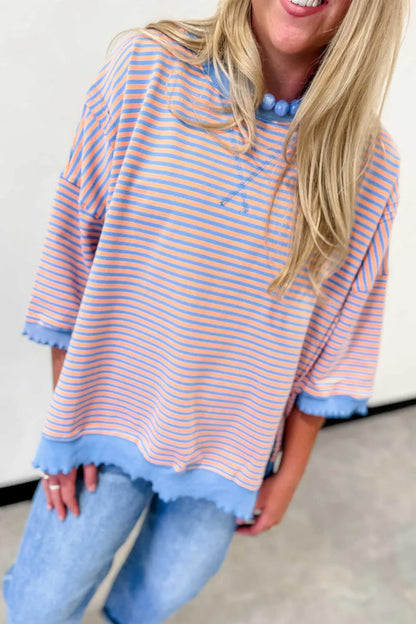 ~PREORDER~ Peachy Blue Scallop Stripe Oversized 3/4 Sleeve Top ~PREORDER~