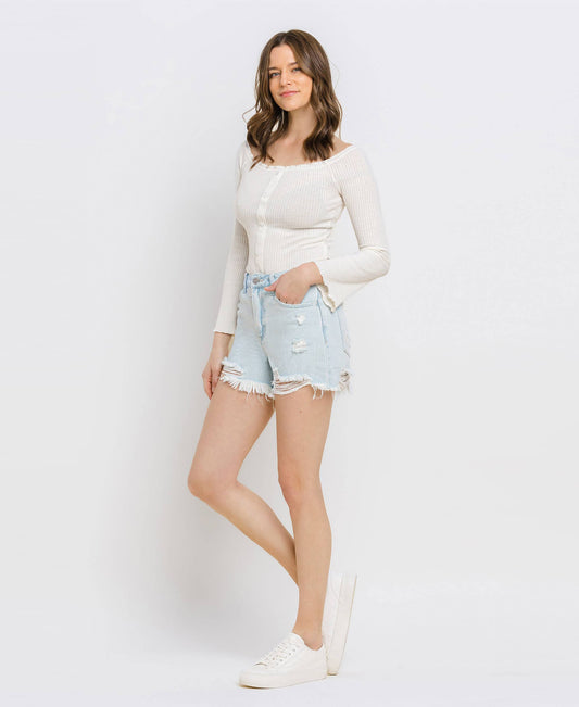 Vintage Edge Super High Rise Distressed Mom Shorts – Non Stretch Denim Cutoffs V2880 Vervet