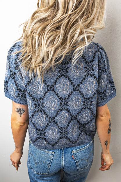 ~PREORDER ~ Blue Boho Button Front Short Sleeve Knit Cardigan ~PREORDER ~