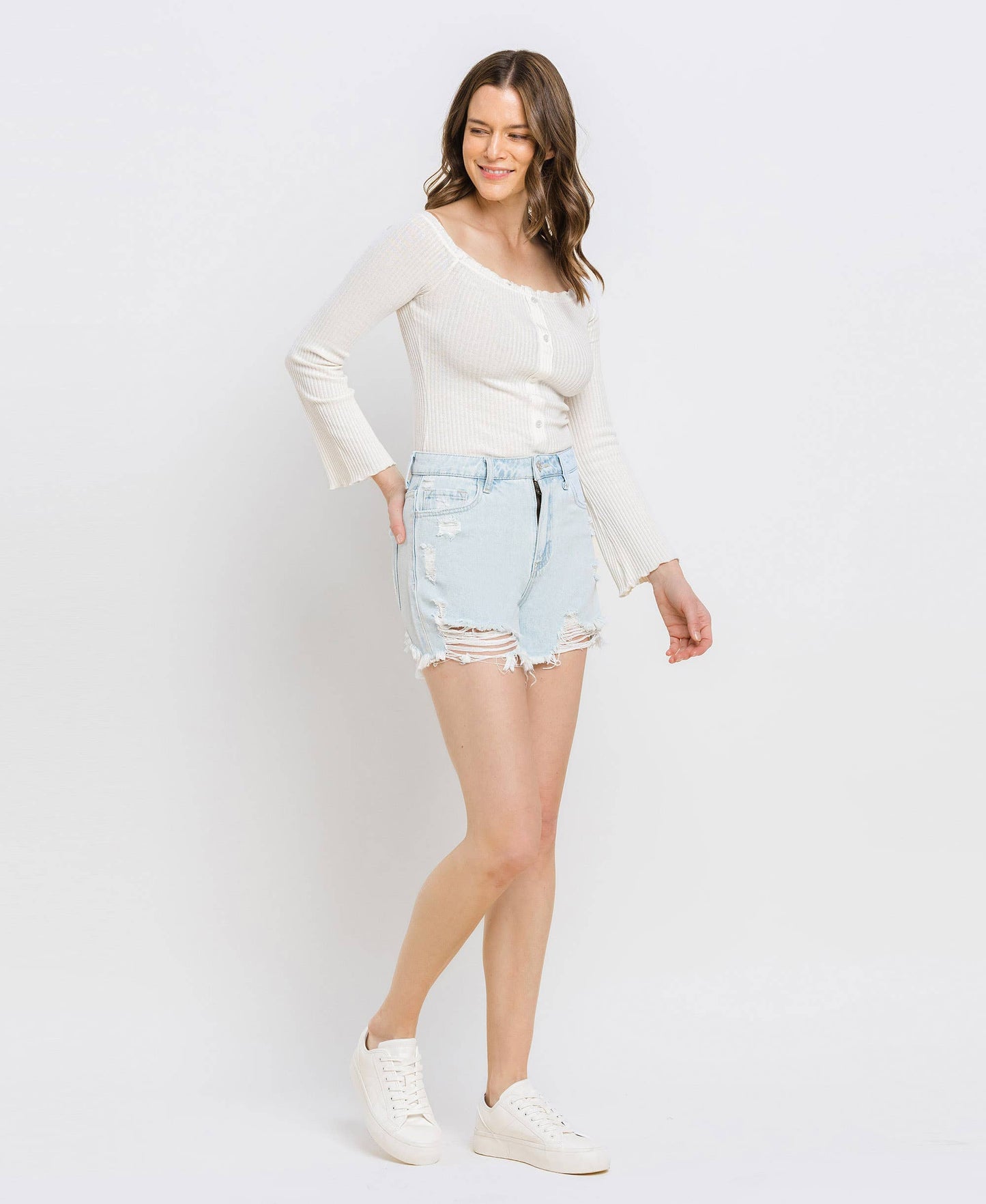 Vintage Edge Super High Rise Distressed Mom Shorts – Non Stretch Denim Cutoffs V2880 Vervet
