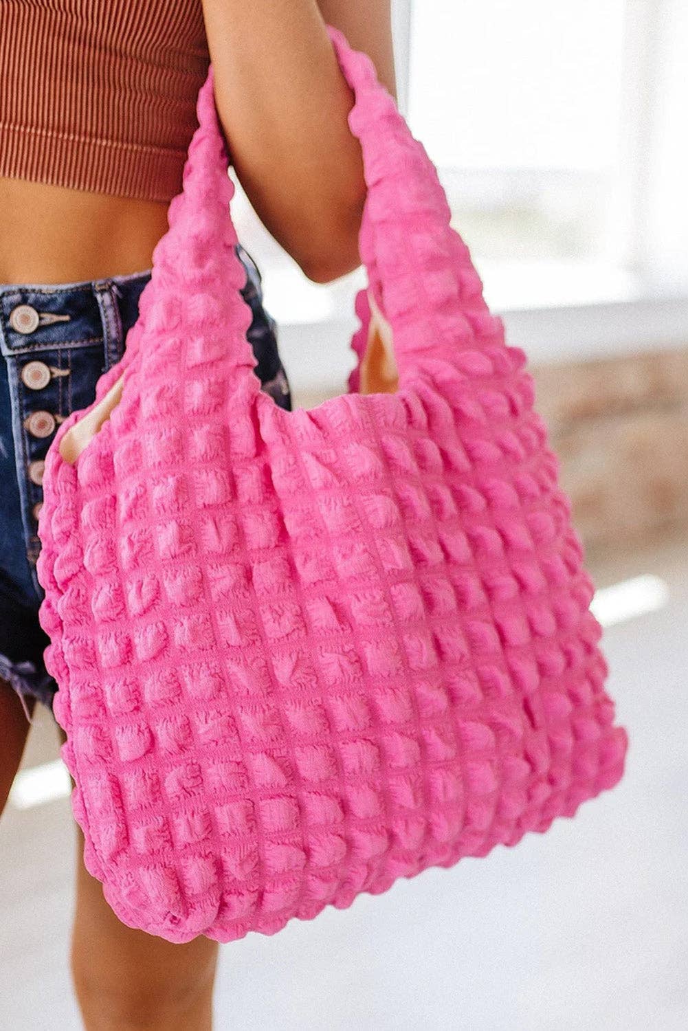 Rose Red Puffy Texture Tote Bag with quilted bubble pleats