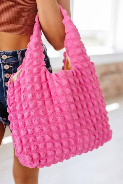 Rose Red Puffy Texture Tote Bag with quilted bubble pleats