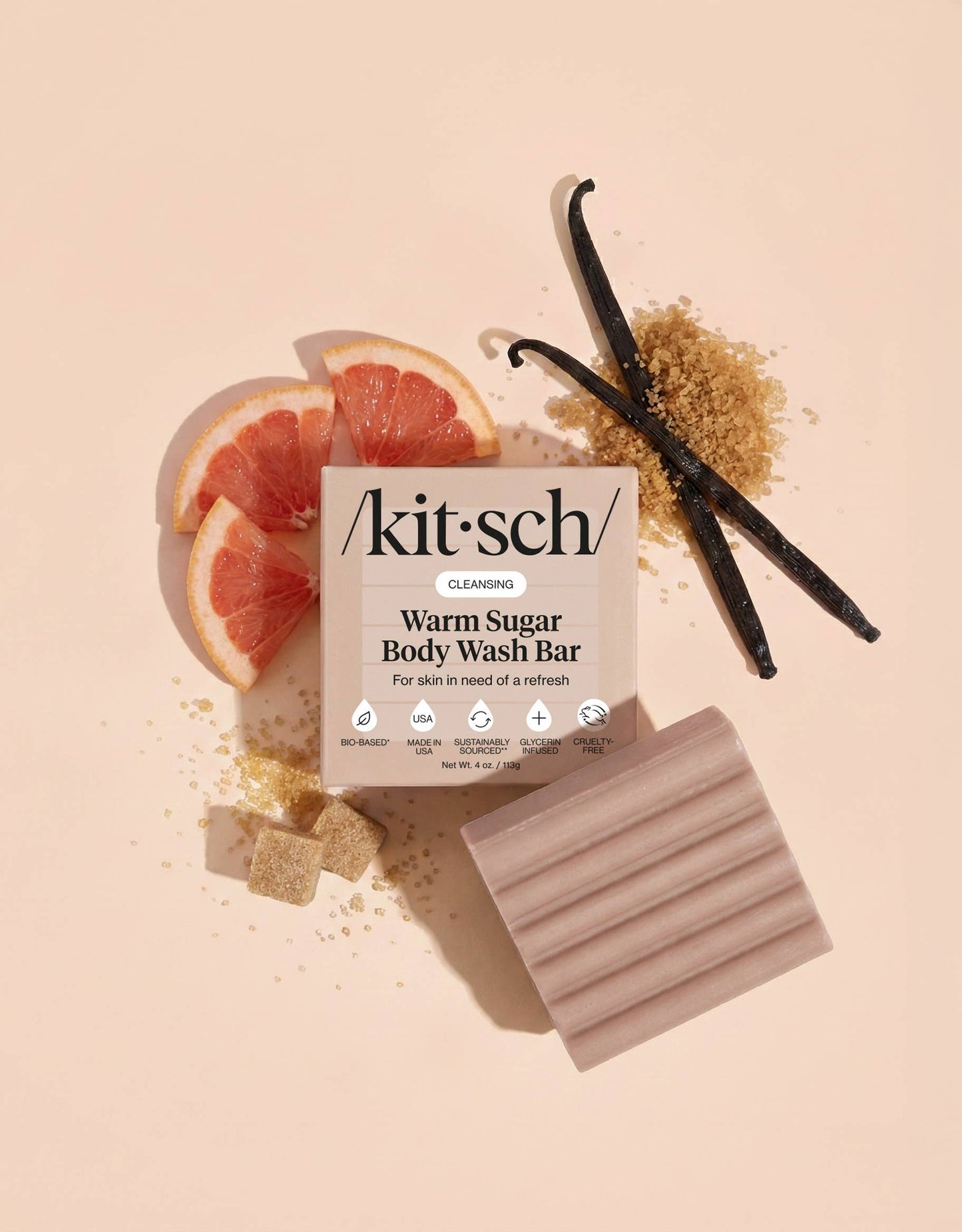 Kitsch Warm Sugar Body Wash Bar – Vanilla & Pink Grapefruit Scented Moisturizing Solid Body Soap
