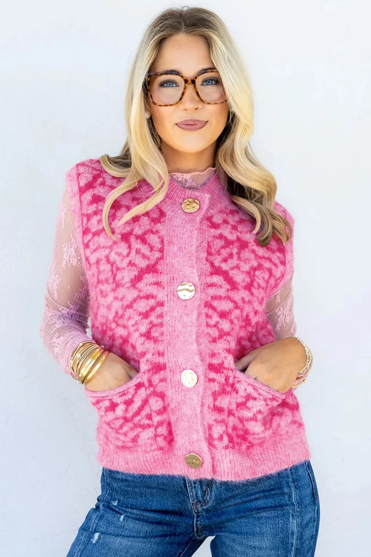 ~PREORDER~ Pink Leopard Print Knit Sleeveless Sweater Vest ~PREORDER~