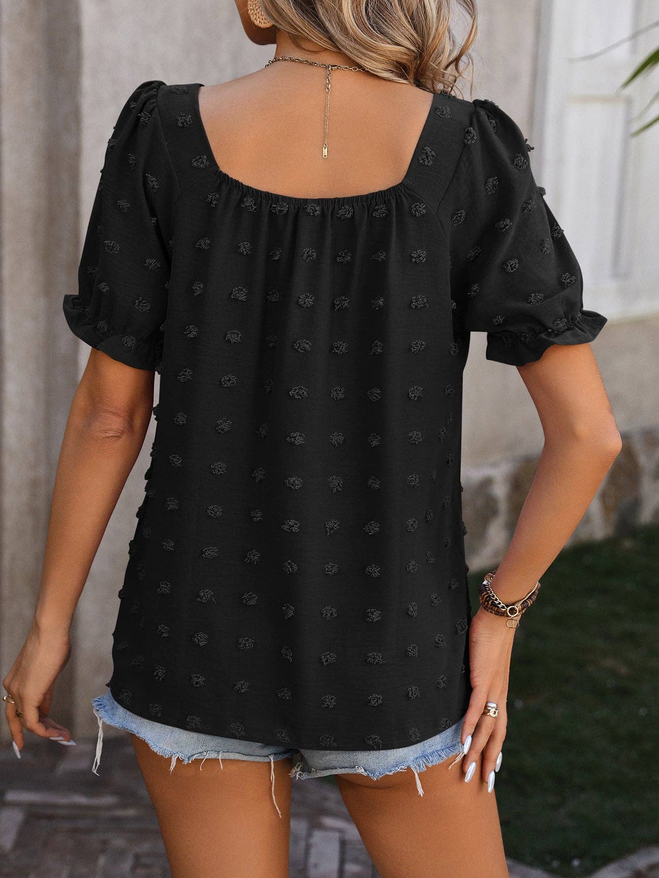 Short Sleeved Solid Color Square Neck Bubble Blouse