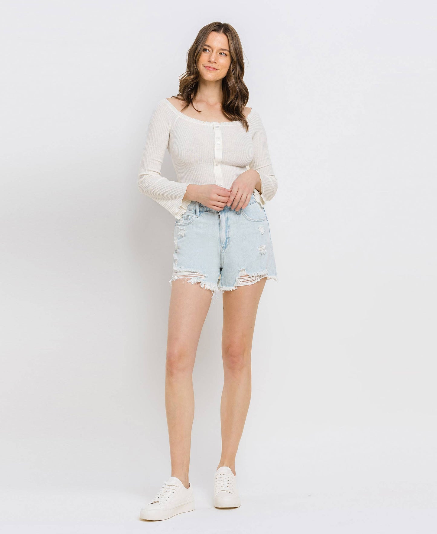 Vintage Edge Super High Rise Distressed Mom Shorts – Non Stretch Denim Cutoffs V2880 Vervet