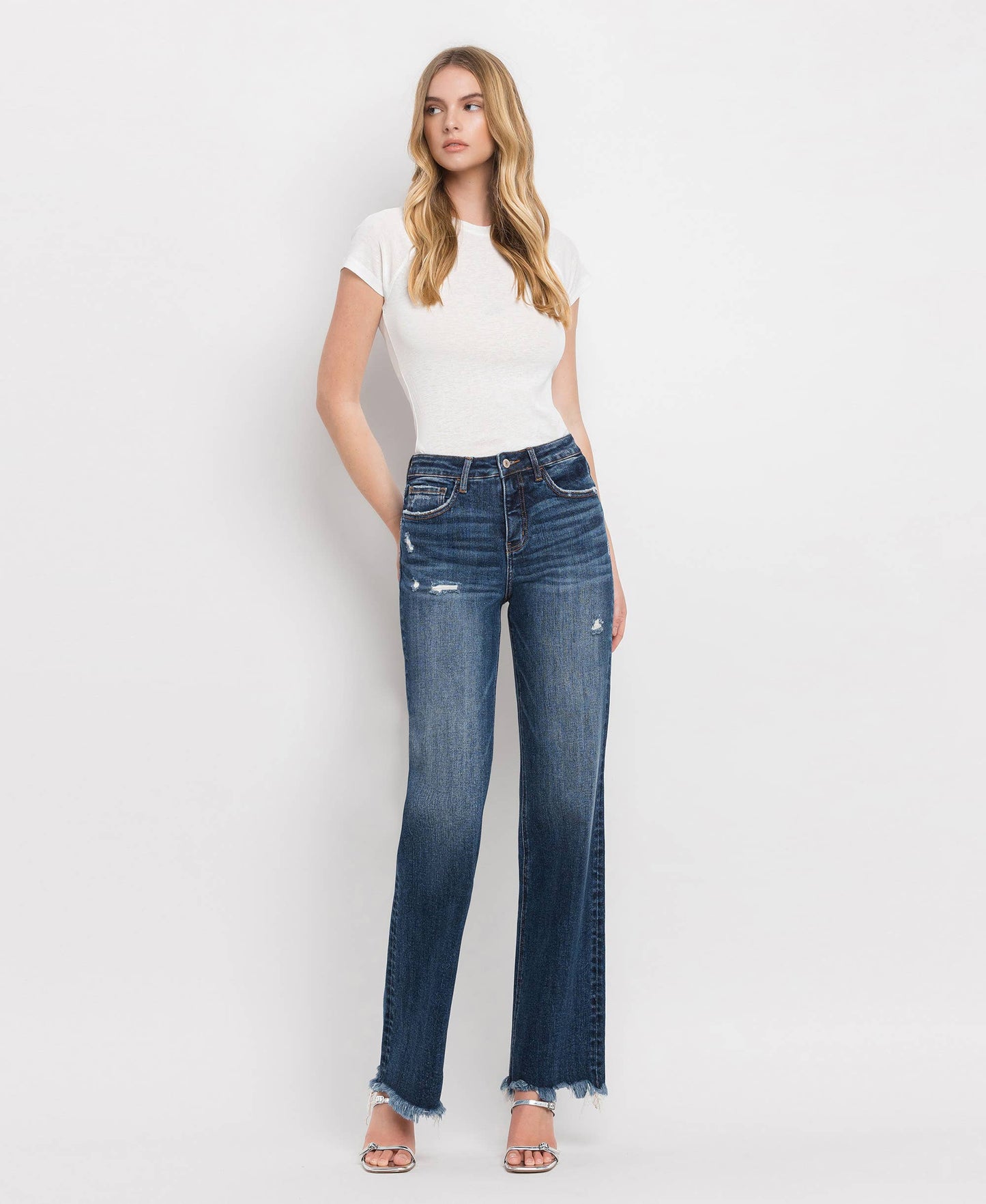 TUMMY CONTROL HIGH RISE FRAYED HEM DAD JEANS LOVERVET BY VERVET