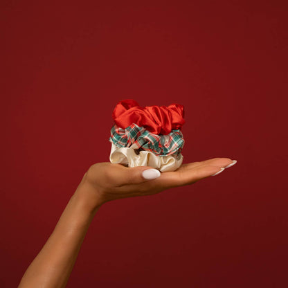 Kitsch Holiday Scrunchies 3pc Set | Red Ivory & Plaid Festive Hair Ties