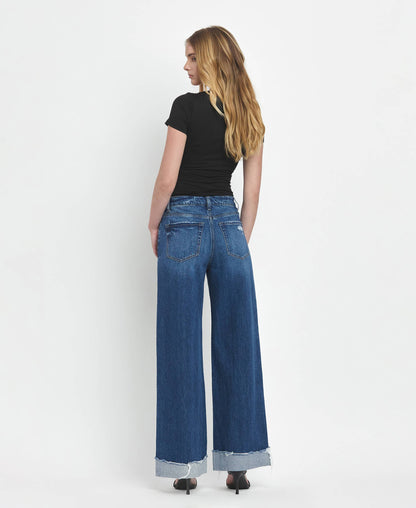 Vervet Super High Rise Baggy Wide Leg Jeans | Dark Wash Cuffed Denim T6614