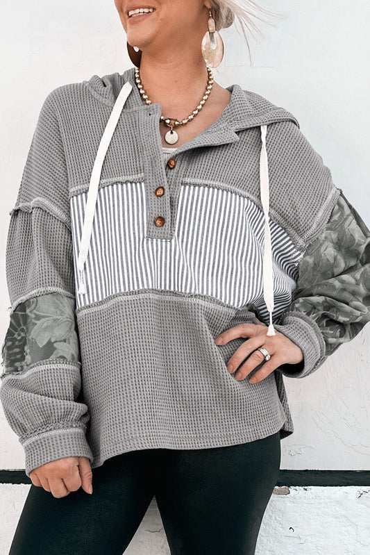 ~PREORDER~ Gray Cozy Mix Waffle Knit Patchwork Hoodie ~PREORDER~
