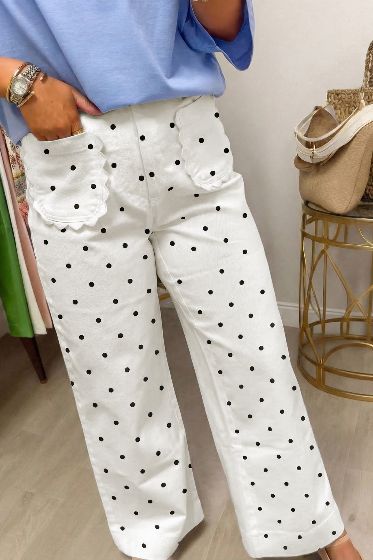 ~PREORDER ~ White Polka Dot Scalloped Patch Pocket Pants ~PREORDER ~