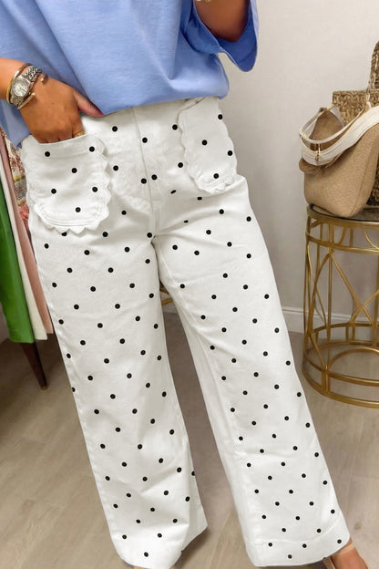 ~PREORDER ~ White Polka Dot Scalloped Patch Pocket Pants ~PREORDER ~
