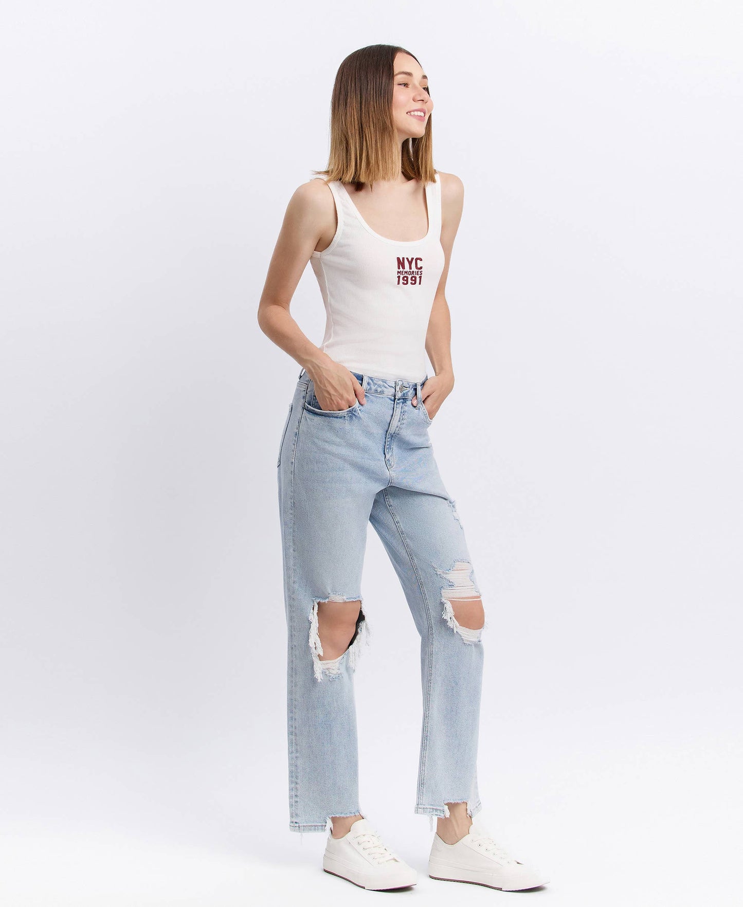 90s Icon Super High Rise Distressed Straight Leg Jeans – Comfort Stretch Ankle Denim Vervet T5933