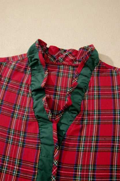 ~PREORDER~ Red Plaid Ruffle Trim Short Sleeve Shirt ~PREORDER~