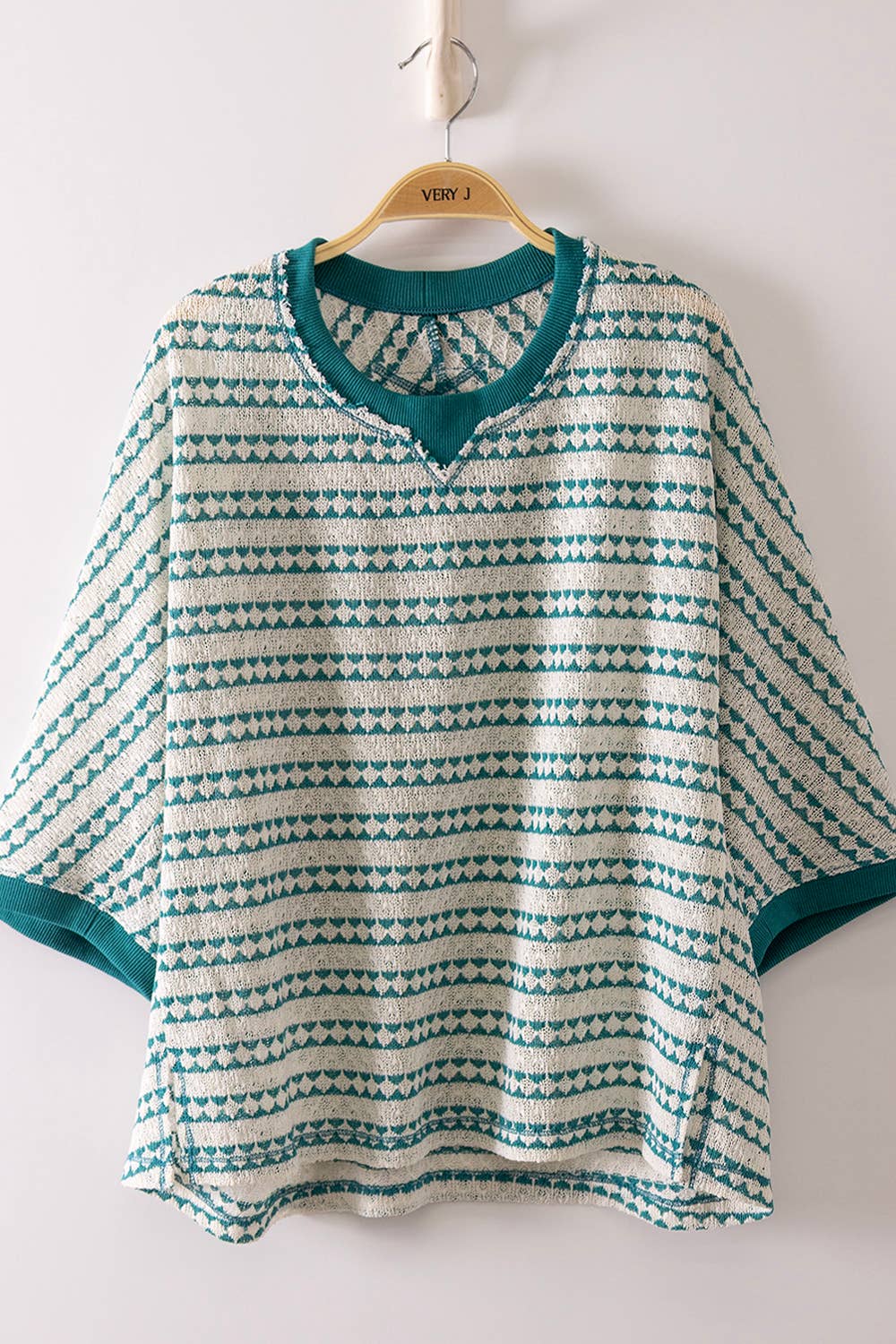 Textured Stripe Knit Top | Teal Contrast Ribbed Short Sleeve Shirt