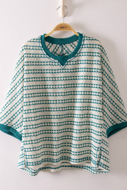 Textured Stripe Knit Top | Teal Contrast Ribbed Short Sleeve Shirt