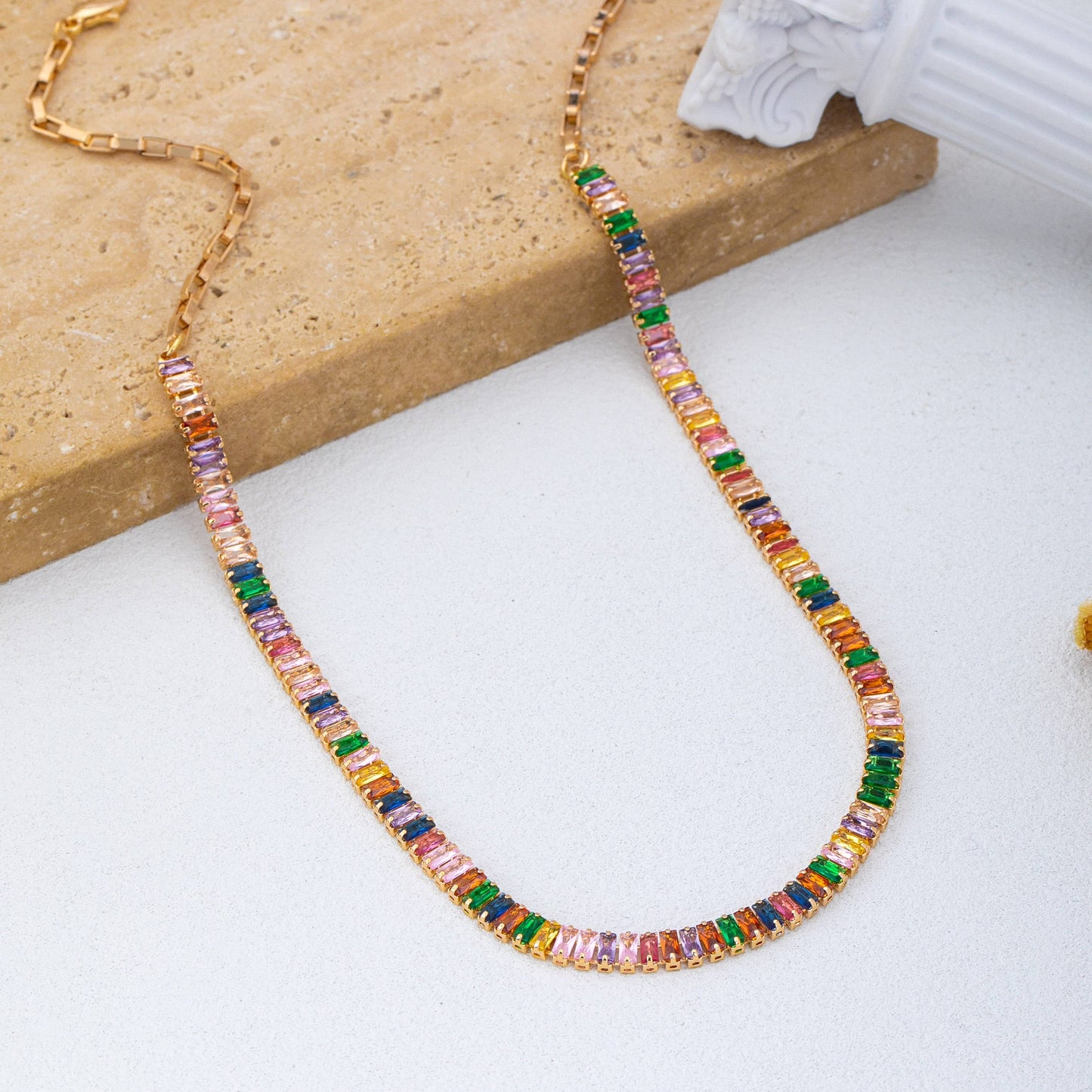 Color Bar Bezel Necklace | Gold Multicolor Baguette Station Necklace