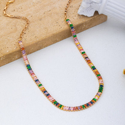 Color Bar Bezel Necklace | Gold Multicolor Baguette Station Necklace