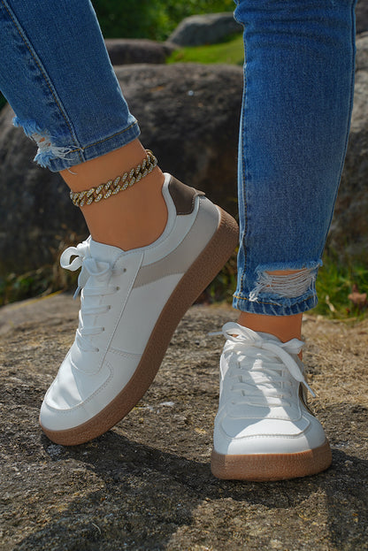 Contrast PU Leather Lace-Up Sneakers – Casual Street Style