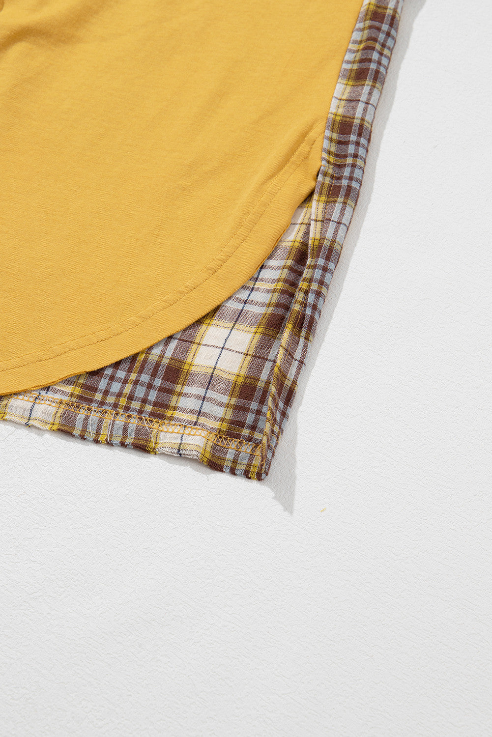 Yellow Floral-Plaid Patchwork Bishop-Sleeve Top – Mixed Print, Relaxed Fit