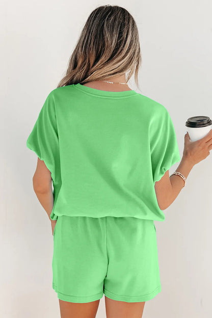 Green Easy Days Shorts Set | Puffy Loose Top & Drawstring Shorts Outfit