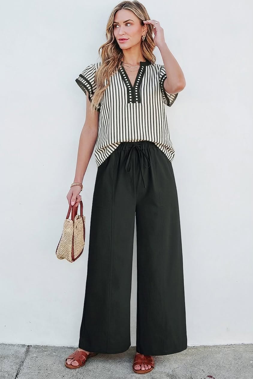 Black Stripe Ruffle Sleeve V-Neck Blouse | Contrast Trim Boutique Top