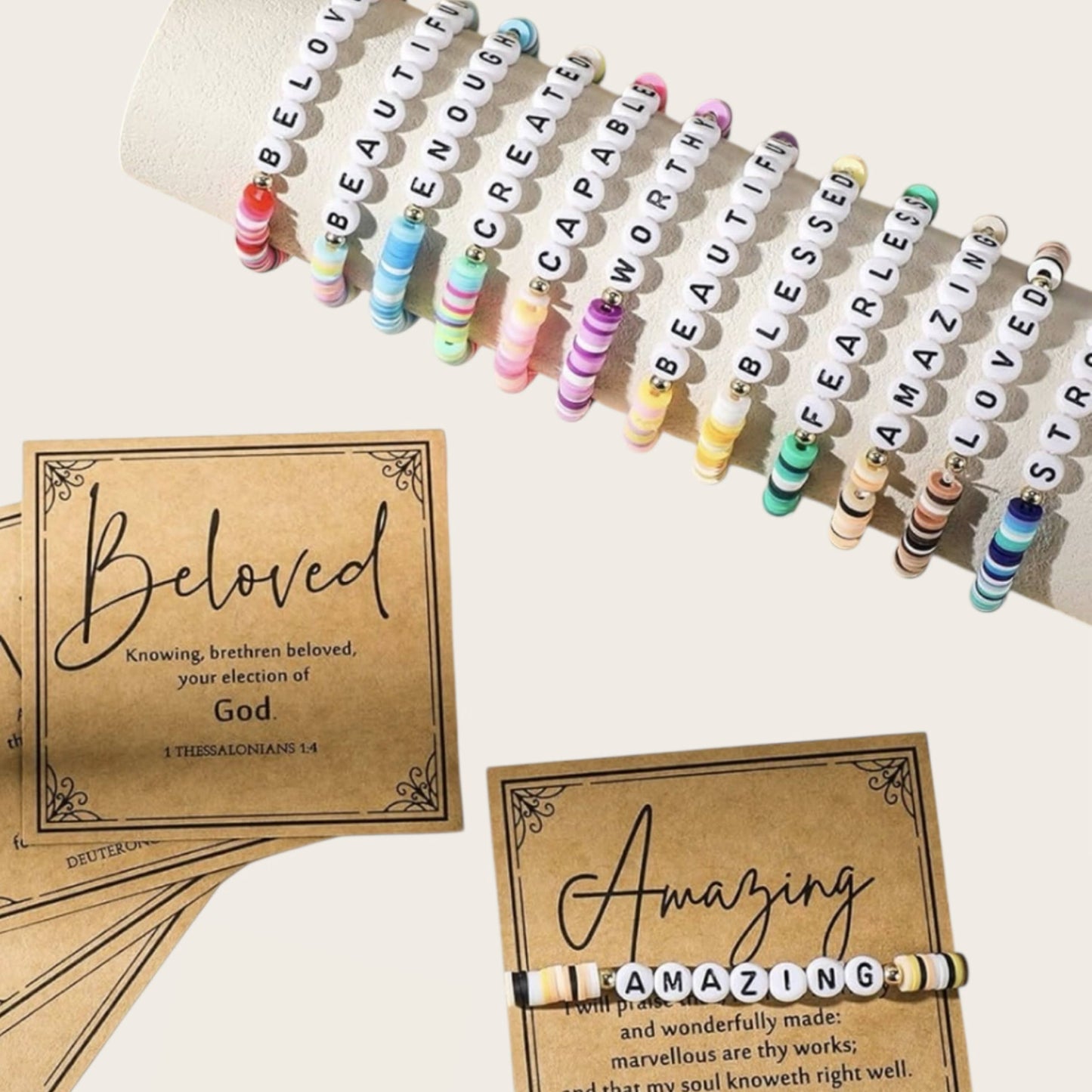 Christian Beaded Clay Bracelets | Inspirational Word Bracelet with Scripture Card