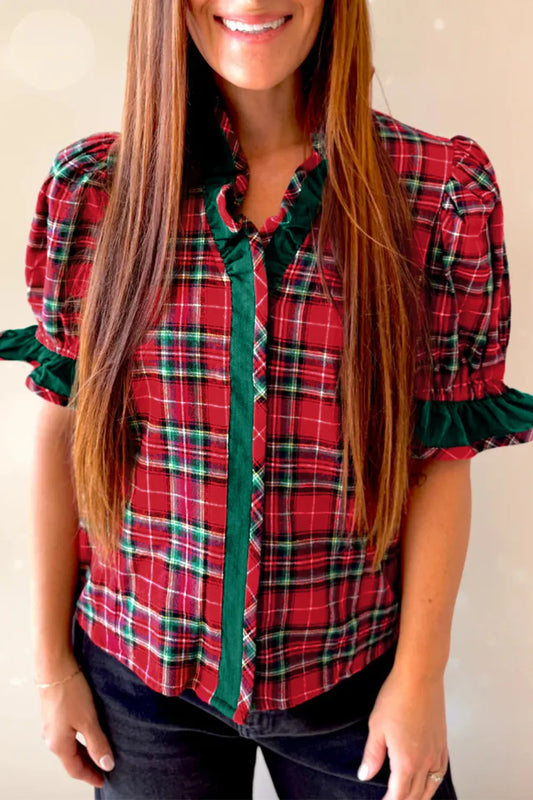 ~PREORDER~ Red Plaid Ruffle Trim Short Sleeve Shirt ~PREORDER~