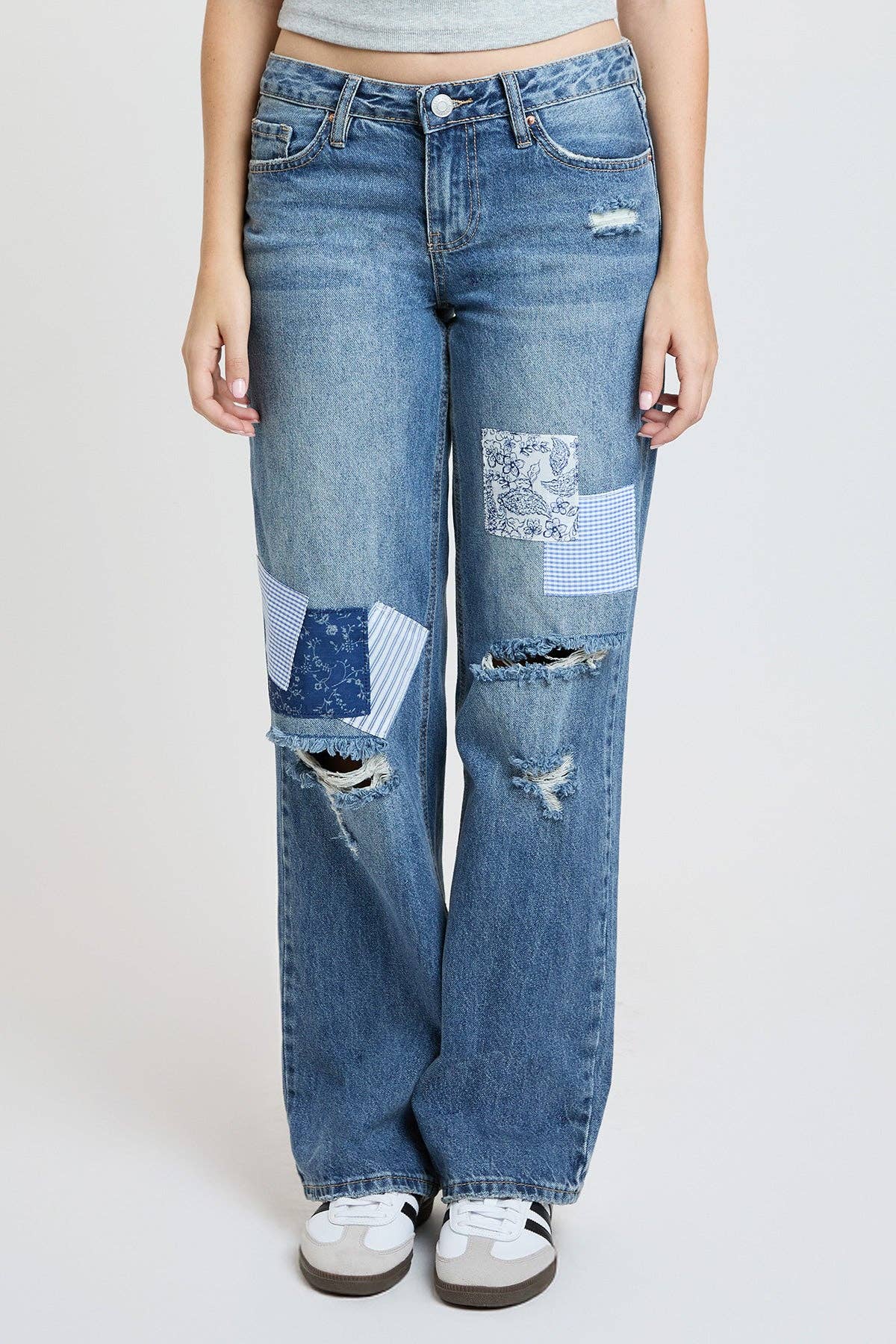 Brittany Patchwork Wide Leg Jeans | YMI Low Rise Rigid Denim