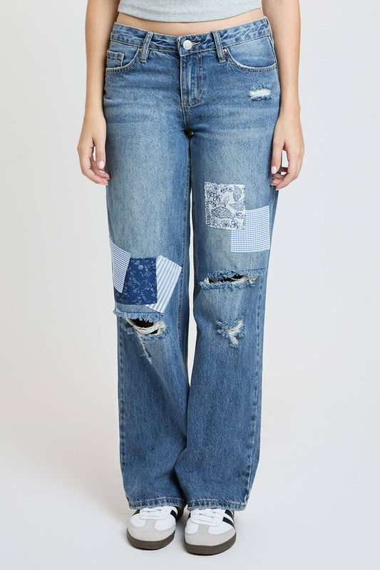 Brittany Patchwork Wide Leg Jeans | YMI Low Rise Rigid Denim
