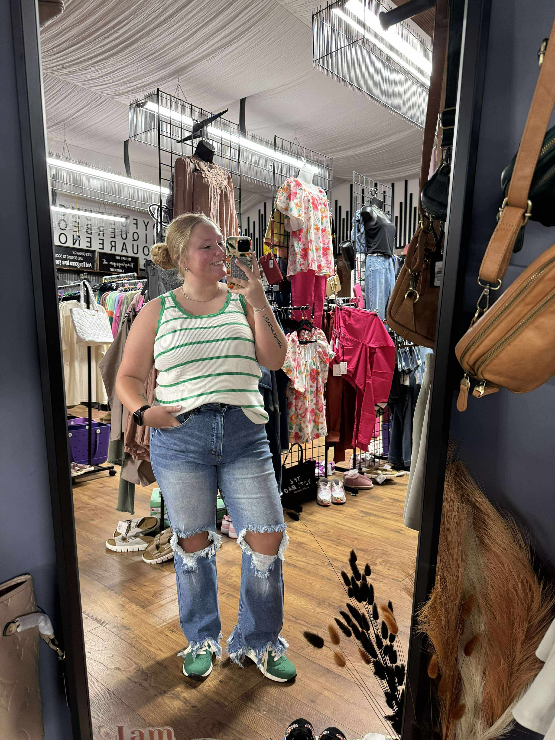 “Bright green striped sleeveless sweater with scalloped edge – B7 Boutique”
“U-neck knit tank with bold stripes and feminine trim”
“Green and white striped boutique sweater tank”