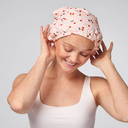 Satin-Lined Flexi Shower Cap – Cherry Print 🚿 Cute, Comfy & Hair-Friendly by Kitsch