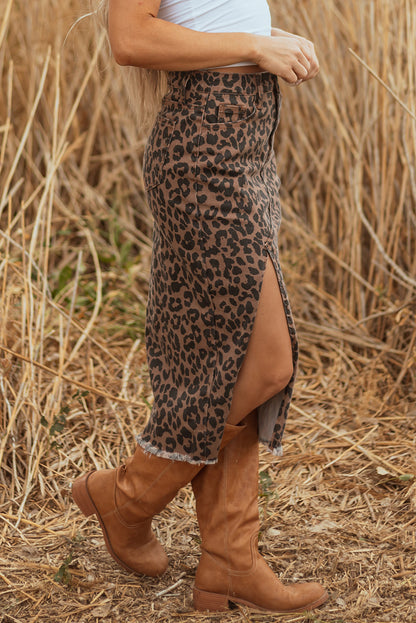 Wild Side Leopard Denim Midi Skirt | Brown Frayed Hem Stretch Skirt