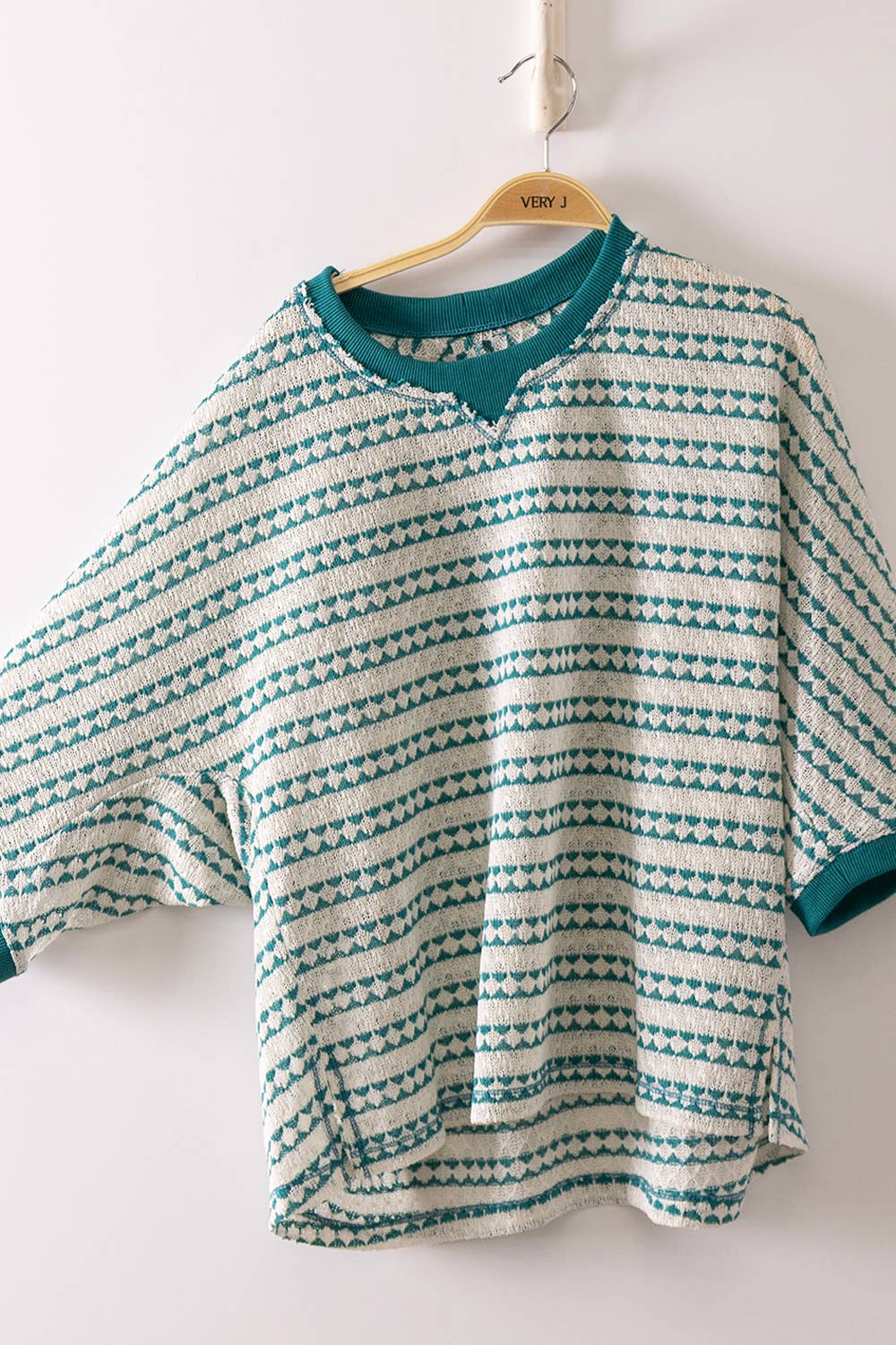 Textured Stripe Knit Top | Teal Contrast Ribbed Short Sleeve Shirt