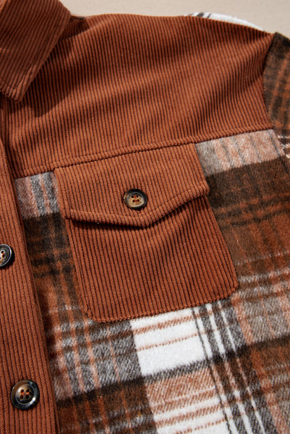 Plaid Corduroy Patchwork Shacket with Chest Pocket – Trendy Oversized Fall Jacket