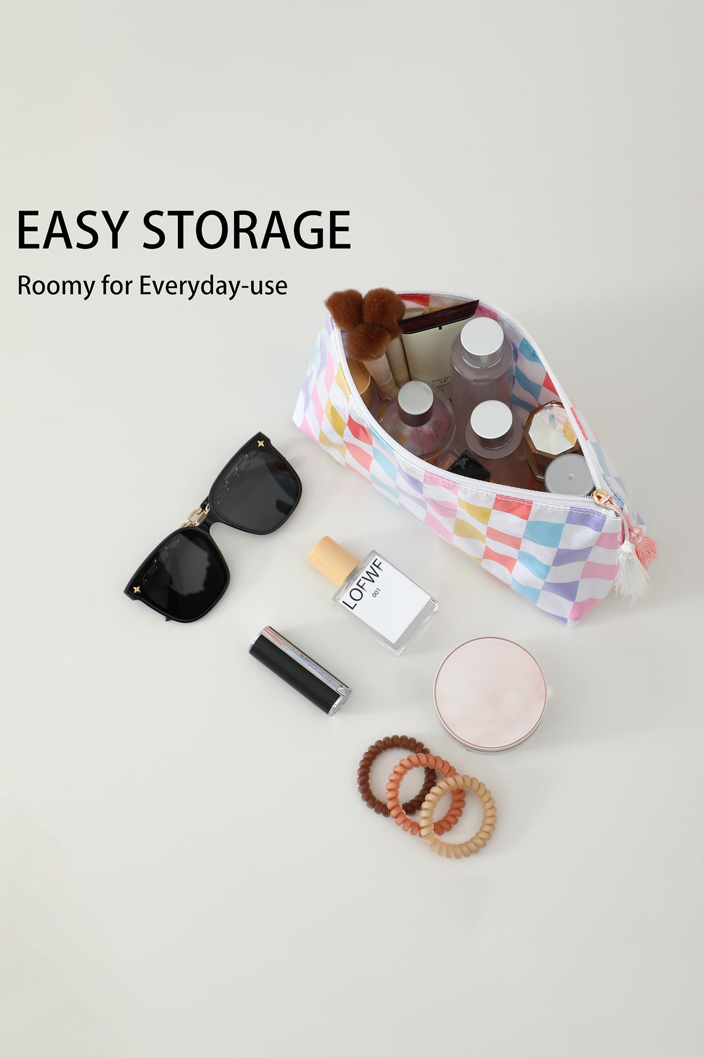 Pastel Checkered Tassel Makeup Bag | Waterproof Vinyl Zipper Pouch