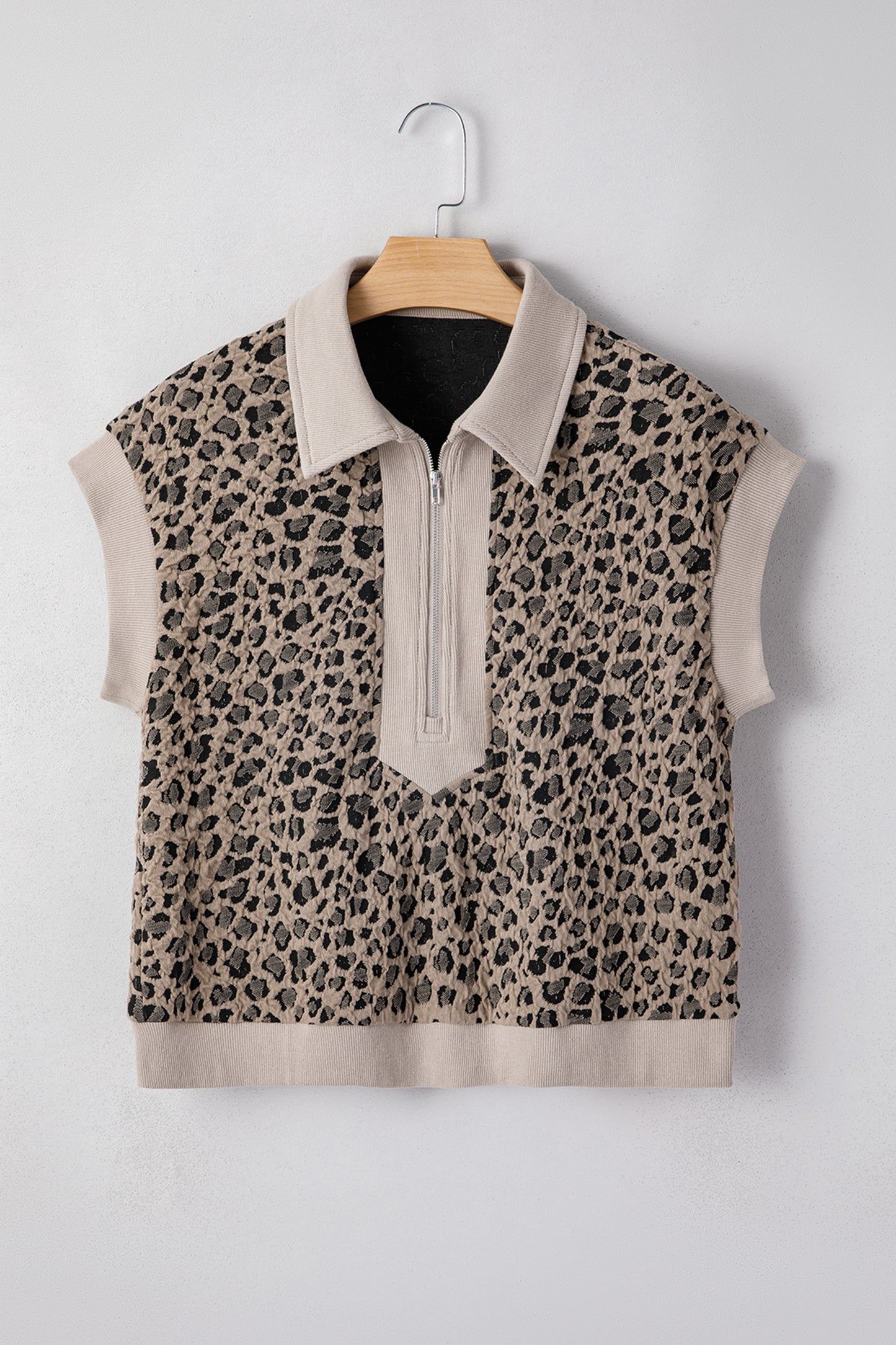 Wild Side Leopard Zip Top – Beige Collared Cap Sleeve Pullover