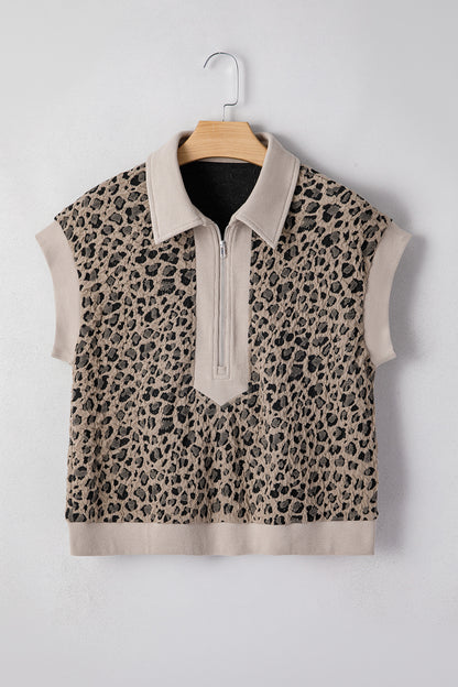 Wild Side Leopard Zip Top – Beige Collared Cap Sleeve Pullover