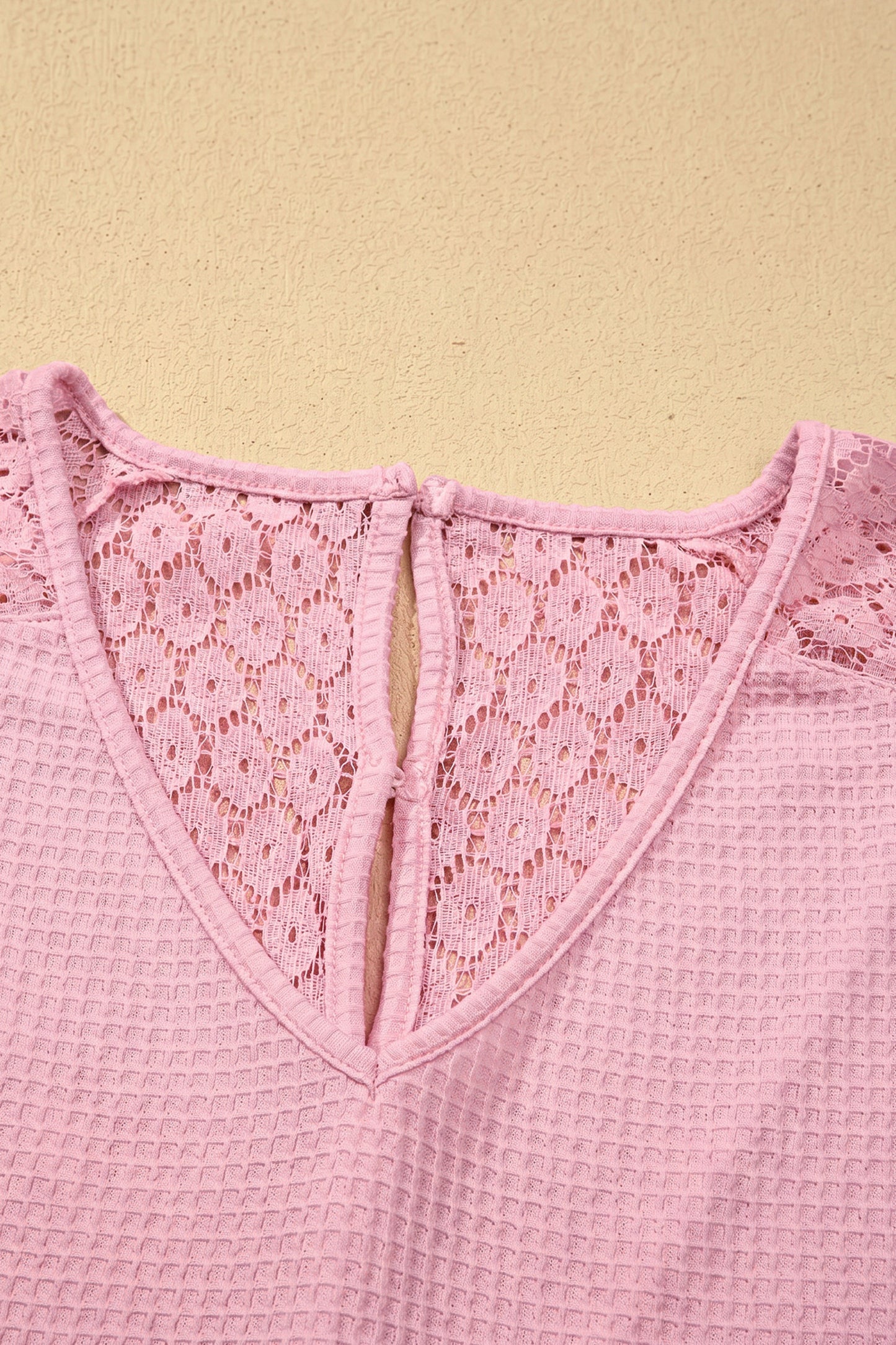 ~PREORDER ~ Lace Splicing Button Cutout V Neck Waffle Knit Blouse ~PREORDER ~