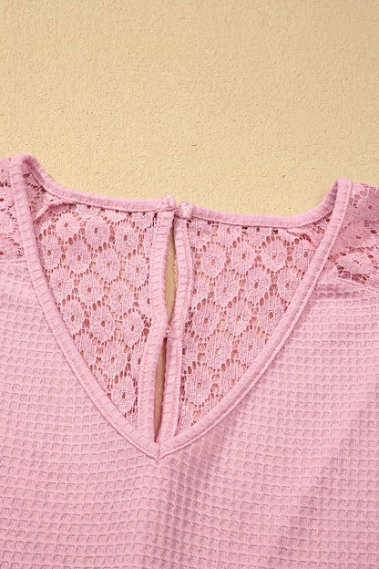 ~PREORDER ~ Lace Splicing Button Cutout V Neck Waffle Knit Blouse ~PREORDER ~