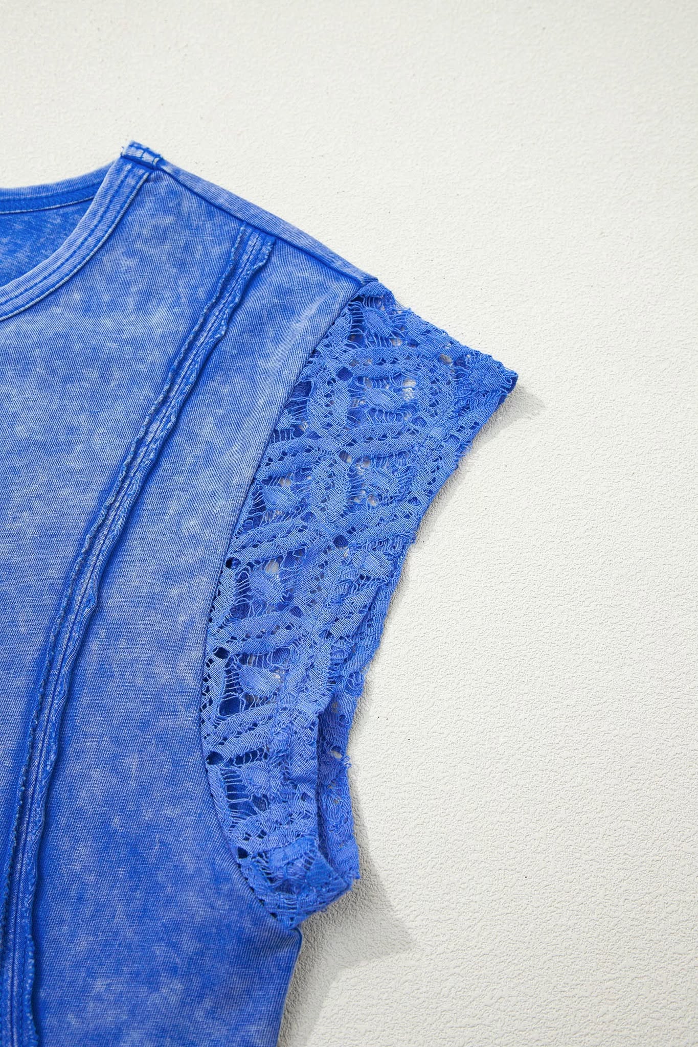 Blue Mineral Washed Lace Sleeve Top | Crochet Sleeve Boutique Tee