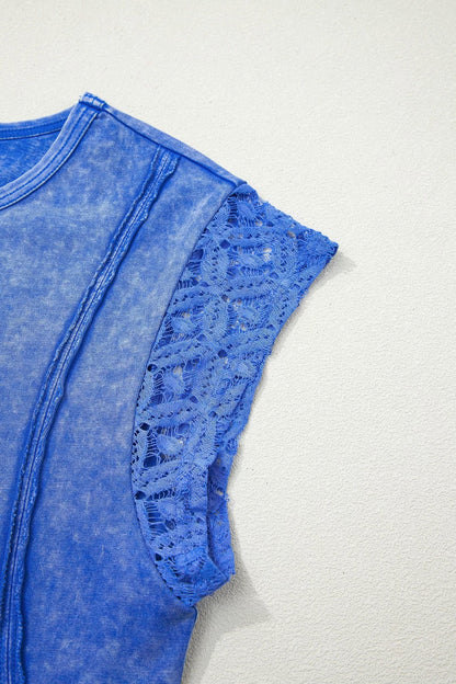 Blue Mineral Washed Lace Sleeve Top | Crochet Sleeve Boutique Tee