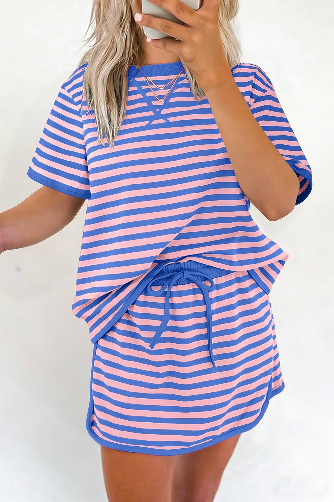 Stripe Loose Short Sleeve Top & Skort Set | Pink & Blue Striped Two Piece Skort Outfit