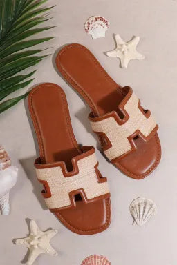 Coffee Faux Raffia Open Toe Slippers | Textured Slide Sandals for Everyday Wear
