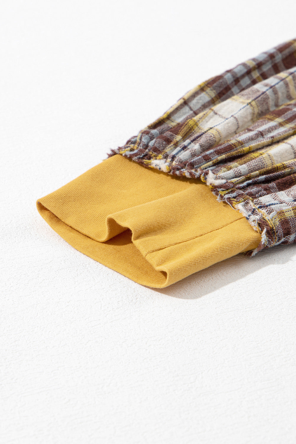 Yellow Floral-Plaid Patchwork Bishop-Sleeve Top – Mixed Print, Relaxed Fit